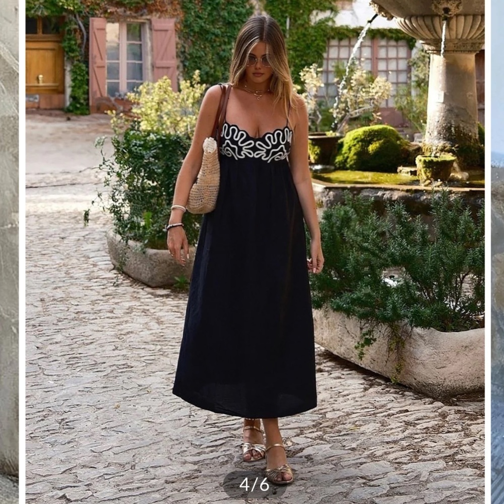 Commense Embroidered Shirred Spaghetti Strap Long Dress